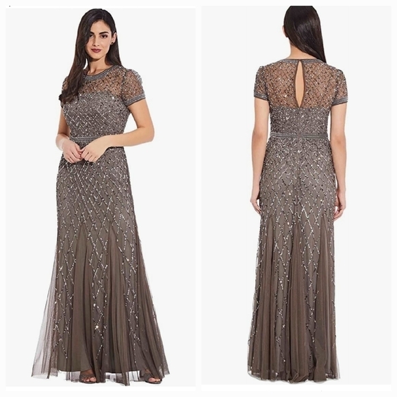 Adrianna Papell CAP SLEEVE BEADED GOWN IN LEAD - Picture 1 of 4